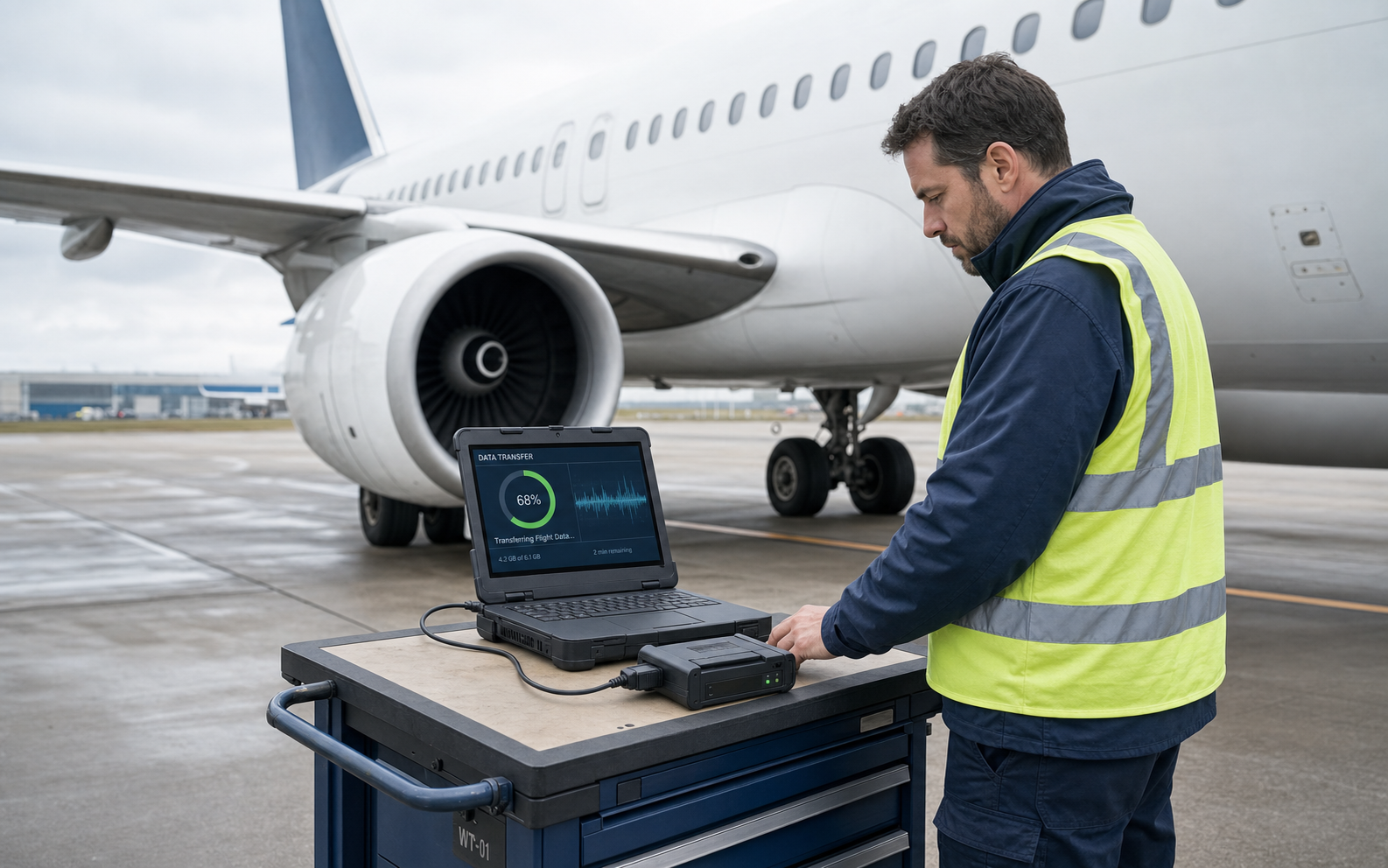 Aviation engineer transferring flight data from a portable device to a laptop beside a parked aircraft