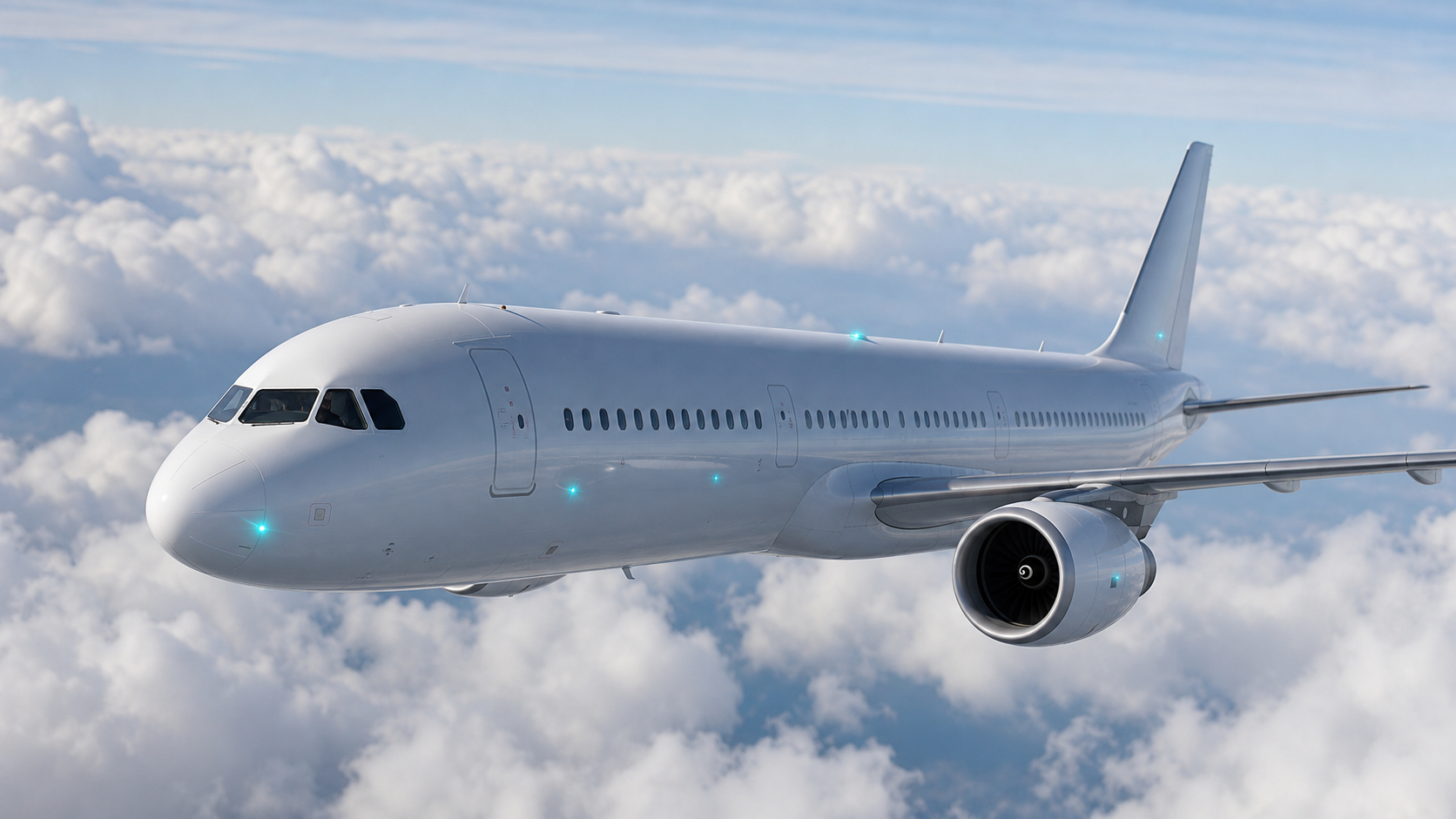 Commercial aircraft flying through clouds with onboard sensor points